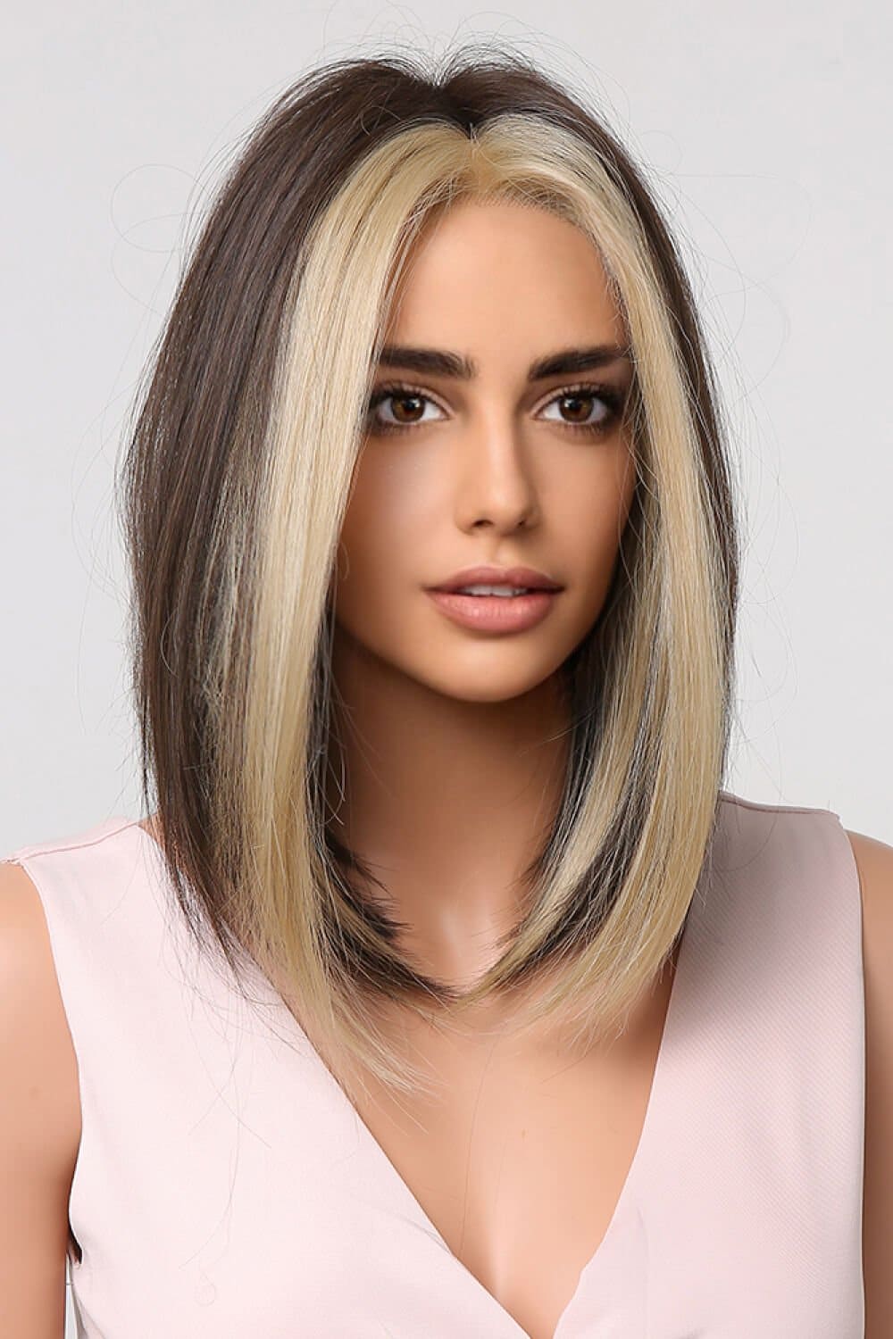 13*1" Full-Machine Wigs Synthetic Mid-length Straight 9" Brown/Blonde Money Piece One Size wigs by Trendsi | Fleurcouture