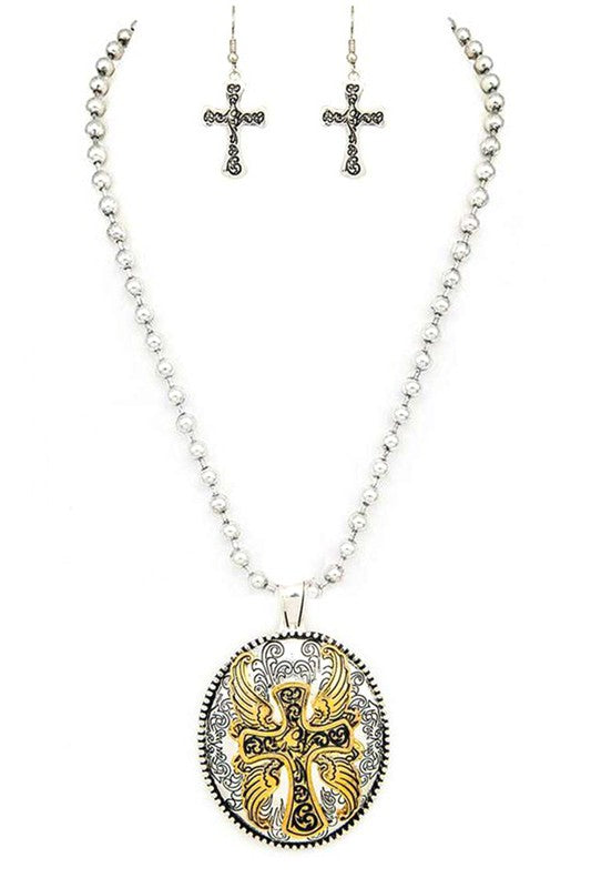 2 Tone Cross Engraved Pendant Necklace Set 2 Tone O/S by LA Jewelry Plaza | Fleurcouture