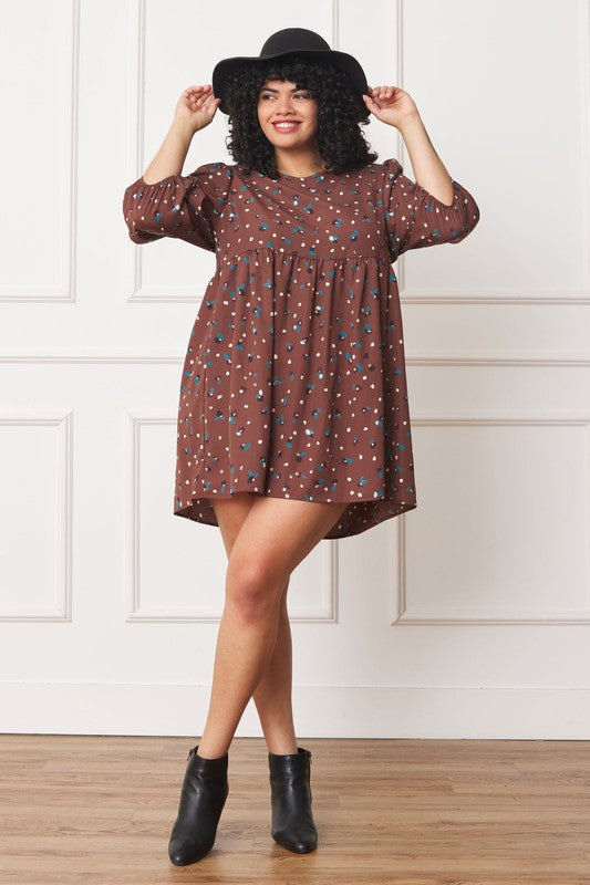 Abstract Polka Dot Bishop Sleeve Mini Dress brown S by EG fashion | Fleurcouture