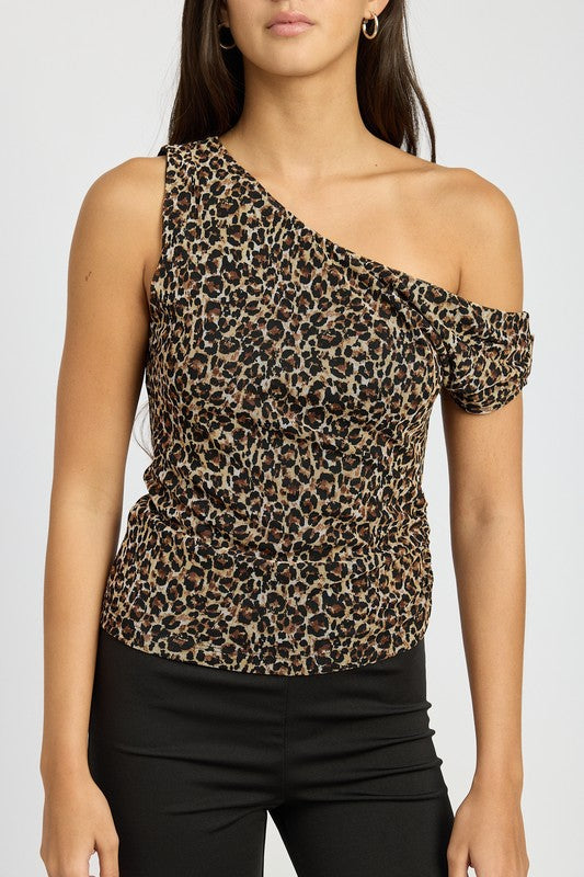 ASYMMETRICAL SHOULDER TOP DARK LEOPARD by Emory Park | Fleurcouture