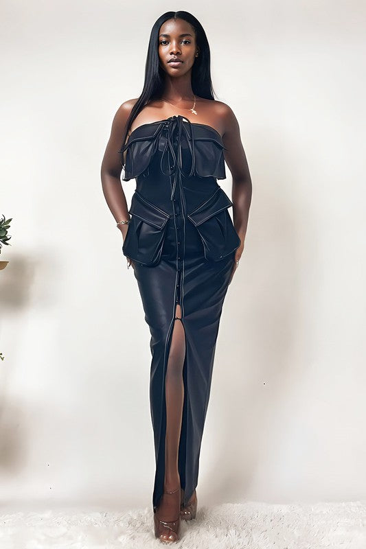 Athina button detailed PU black leather dress BLACK by Athina | Fleurcouture