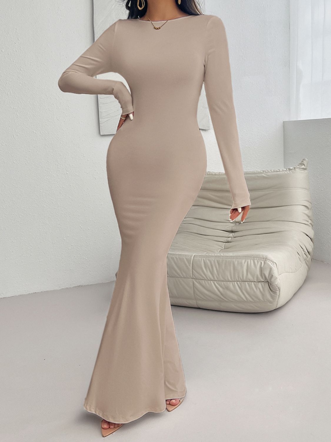 Backless Round Neck Long Sleeve Maxi Dress Khaki S Women&