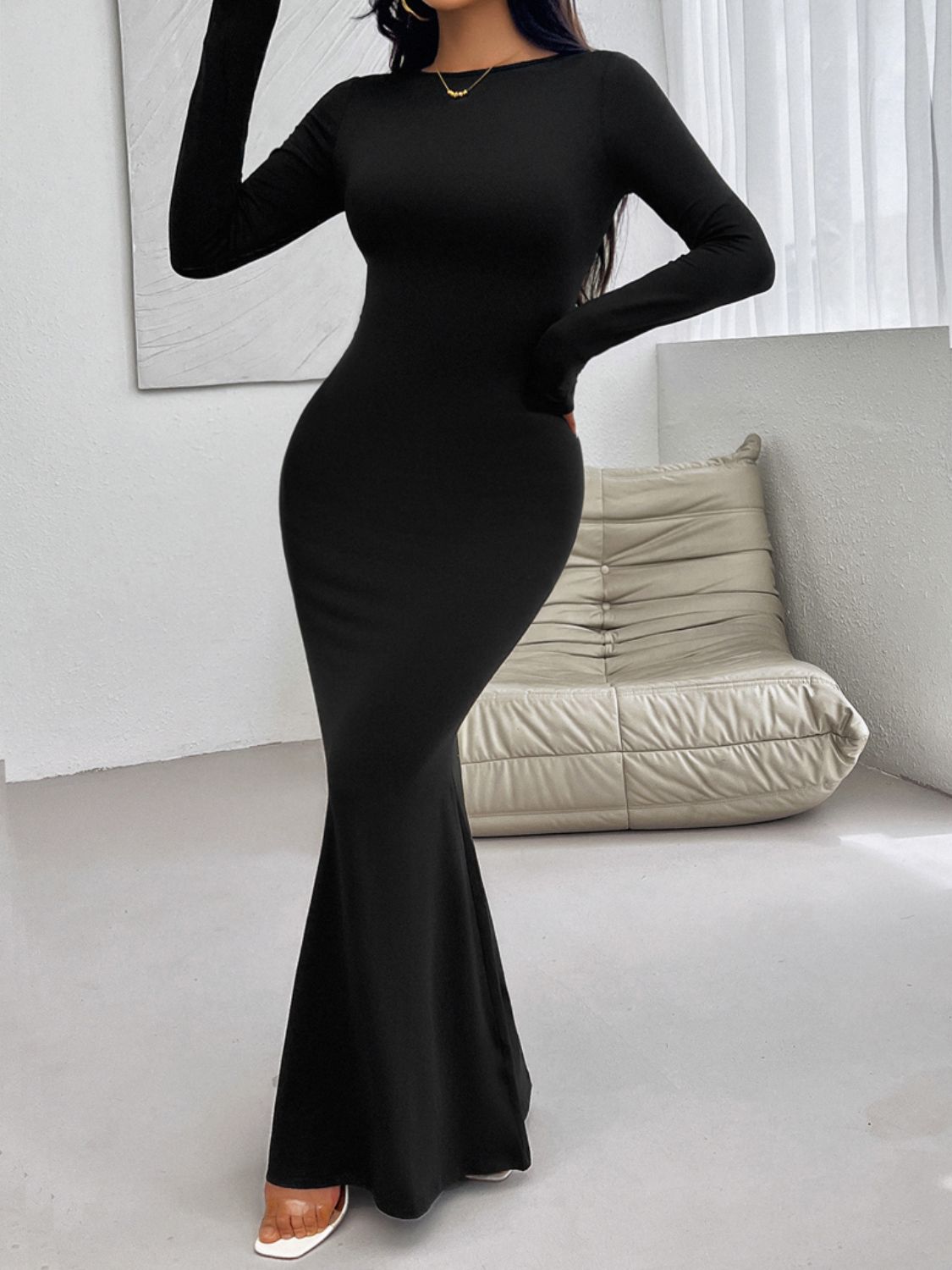 Backless Round Neck Long Sleeve Maxi Dress Women&