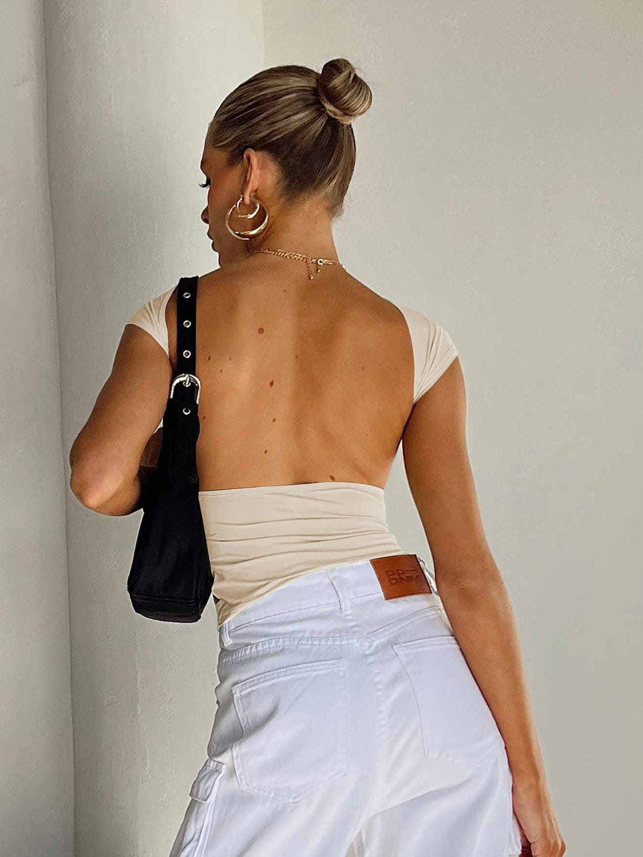 Backless Short Sleeve Cropped Blouse Blouses by Trendsi | Fleurcouture
