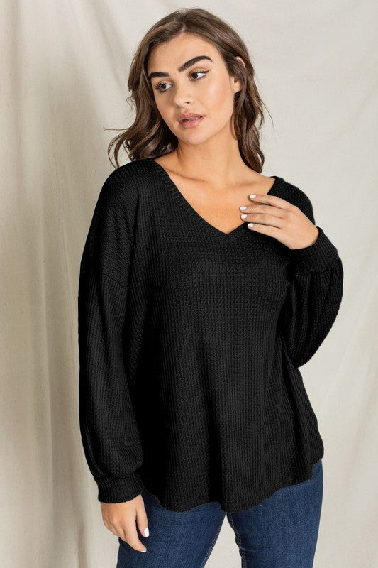 Balloon Sleeve V Neck Top Black 1X by EG fashion | Fleurcouture