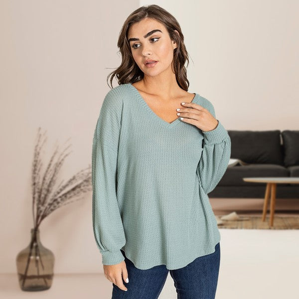Balloon Sleeve V Neck Top sage 1X by EG fashion | Fleurcouture