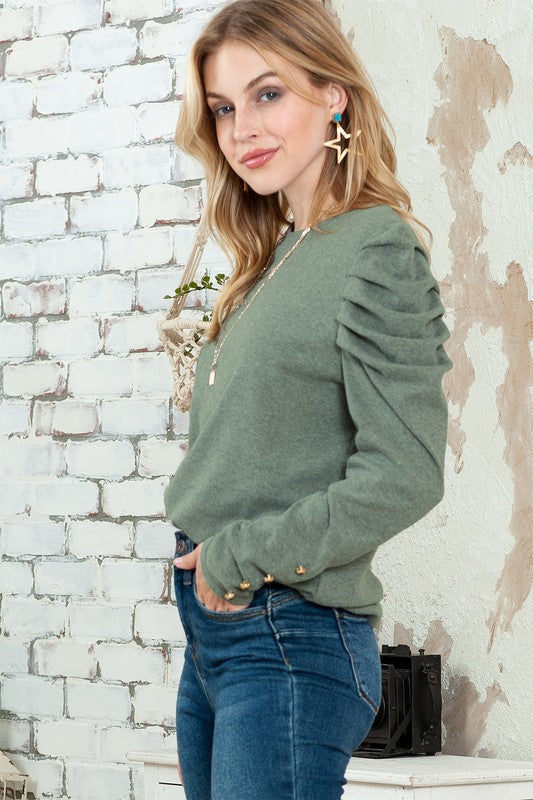 Basic Buttoned Puff Long Sleeve blouse top by EG fashion | Fleurcouture