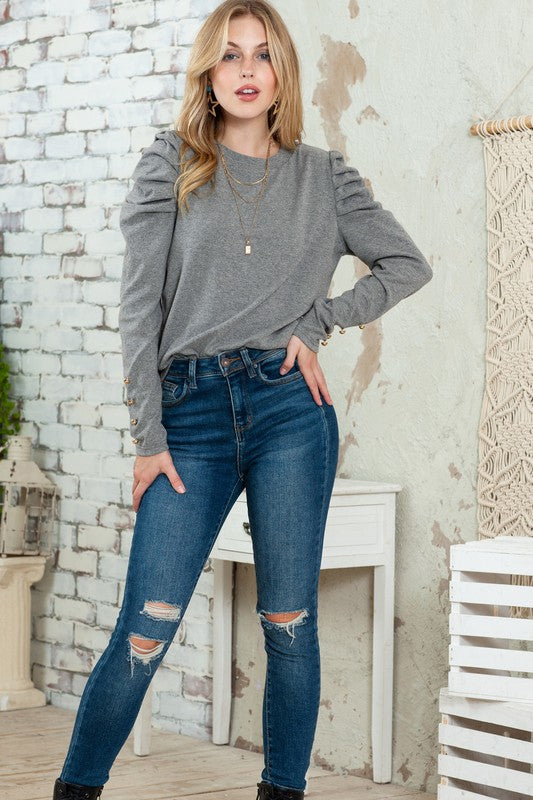 Basic Buttoned Puff Long Sleeve blouse top Grey S by EG fashion | Fleurcouture