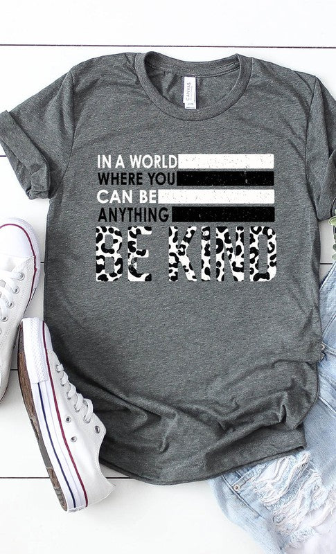 Be Kind black and white Leopard print Tee Deep Heather XXL by Kissed Apparel | Fleurcouture