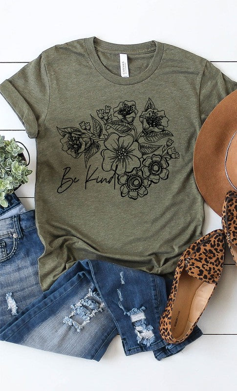 Be Kind Floral Boho Graphic Tee PLUS Heather Olive XXL by Kissed Apparel | Fleurcouture