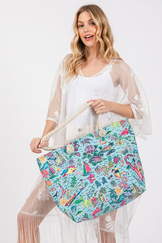 Beach and Flower Print Tote Bag BLUE OS by ICCO ACCESSORIES | Fleurcouture