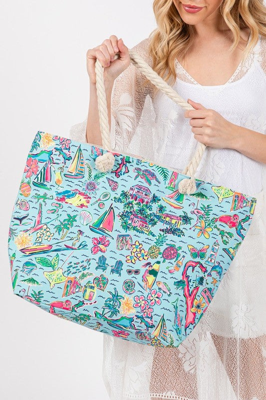 Beach and Flower Print Tote Bag BLUE OS by ICCO ACCESSORIES | Fleurcouture