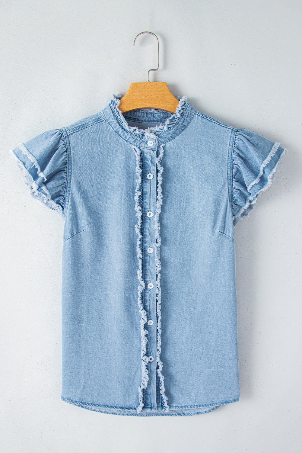 Beau Blue Button Front Ruffled Flutter Frayed Denim Top 100%Cotton Tops/Tops & Tees by Fleurcouture | Fleurcouture