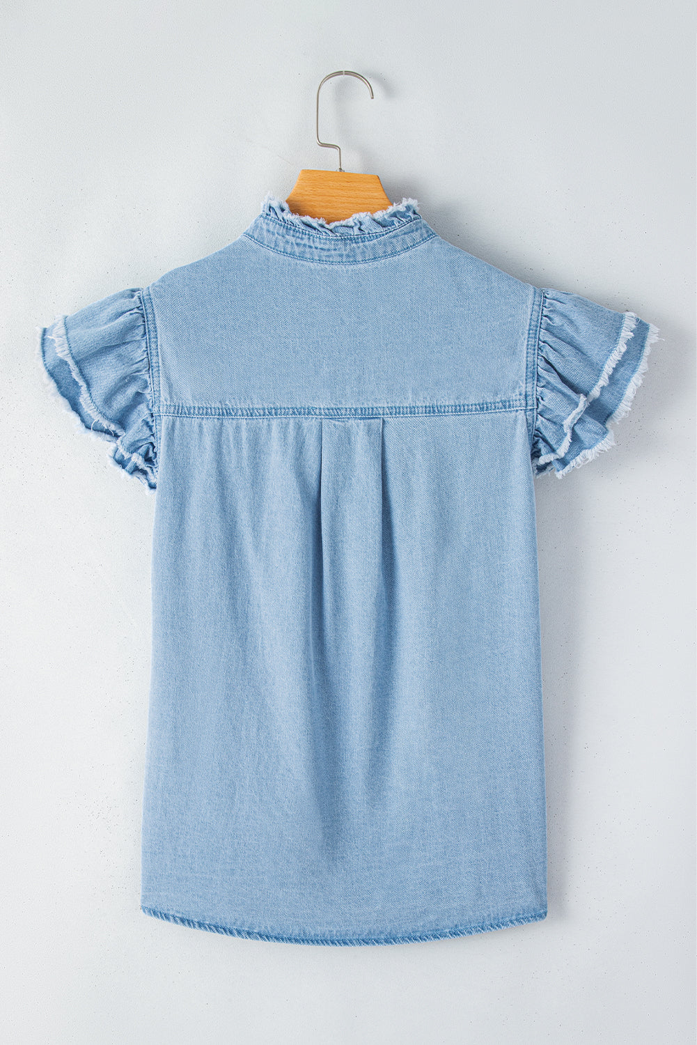 Beau Blue Button Front Ruffled Flutter Frayed Denim Top 100%Cotton Tops/Tops & Tees by Fleurcouture | Fleurcouture