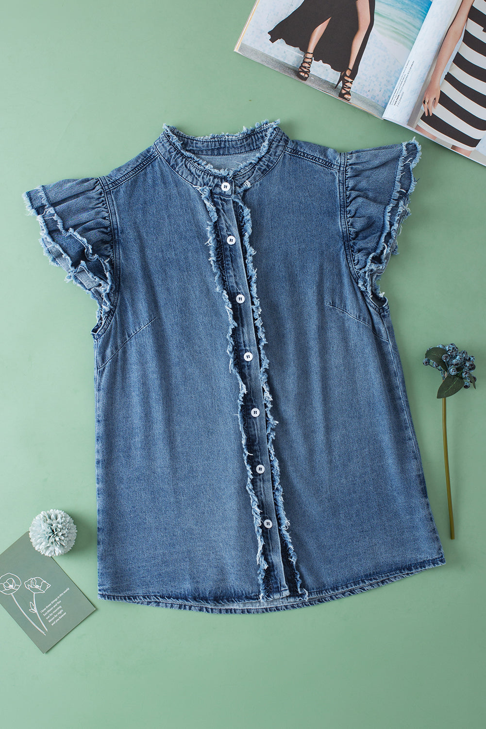Beau Blue Button Front Ruffled Flutter Frayed Denim Top 100%Cotton Tops/Tops & Tees by Fleurcouture | Fleurcouture
