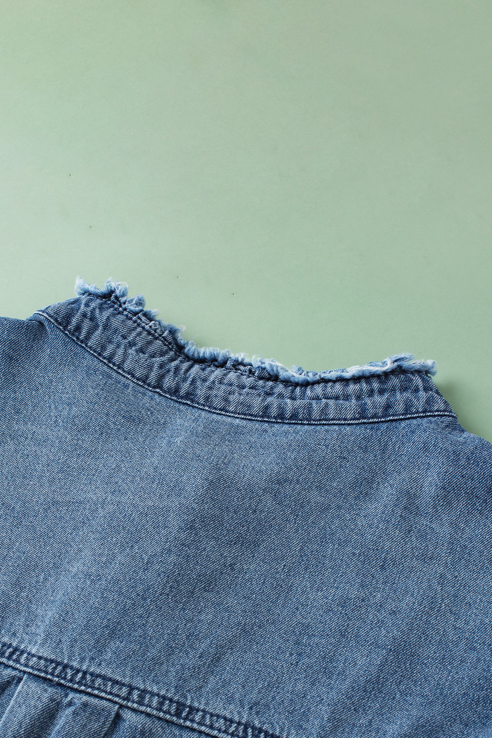 Beau Blue Button Front Ruffled Flutter Frayed Denim Top 100%Cotton Tops/Tops & Tees by Fleurcouture | Fleurcouture