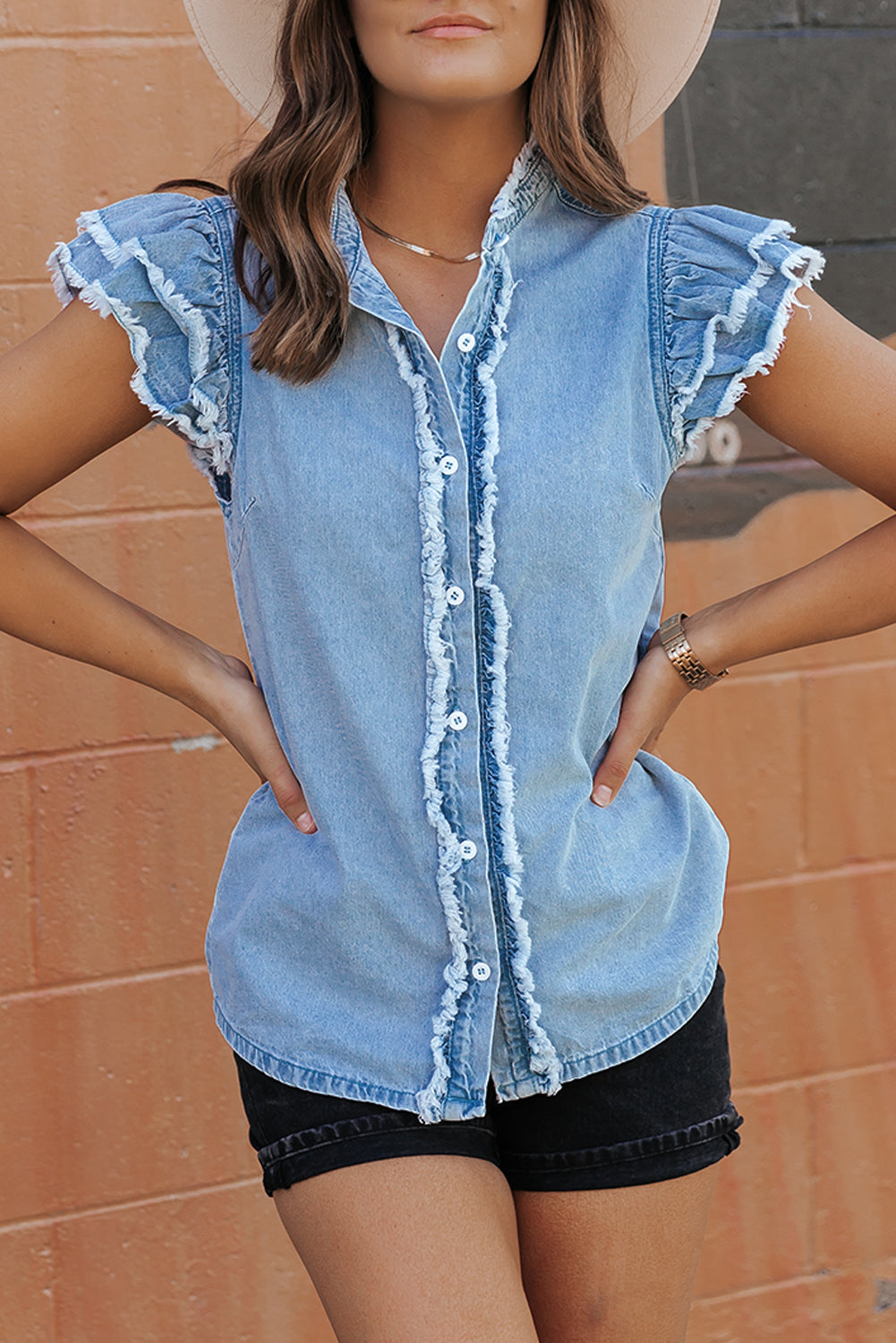 Beau Blue Button Front Ruffled Flutter Frayed Denim Top 100%Cotton Tops/Tops & Tees by Fleurcouture | Fleurcouture