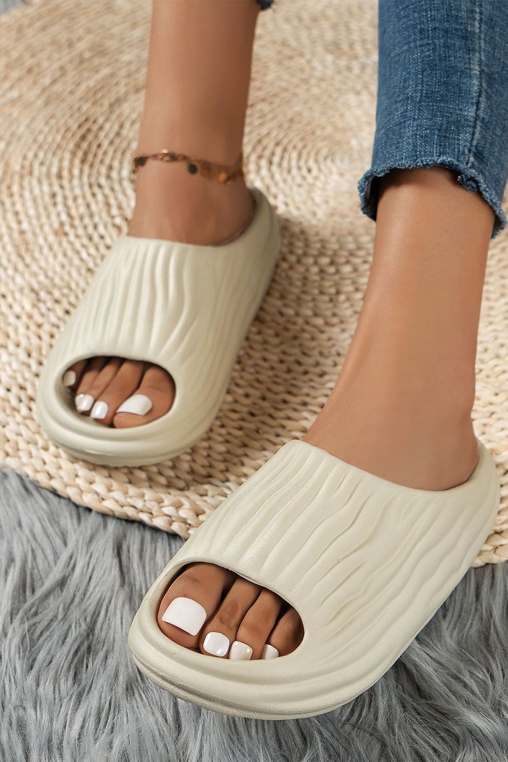 Beige Pleated Thick Soled Slippers Beige 100%Viscose Shoes & Bags by Fleurcouture | Fleurcouture