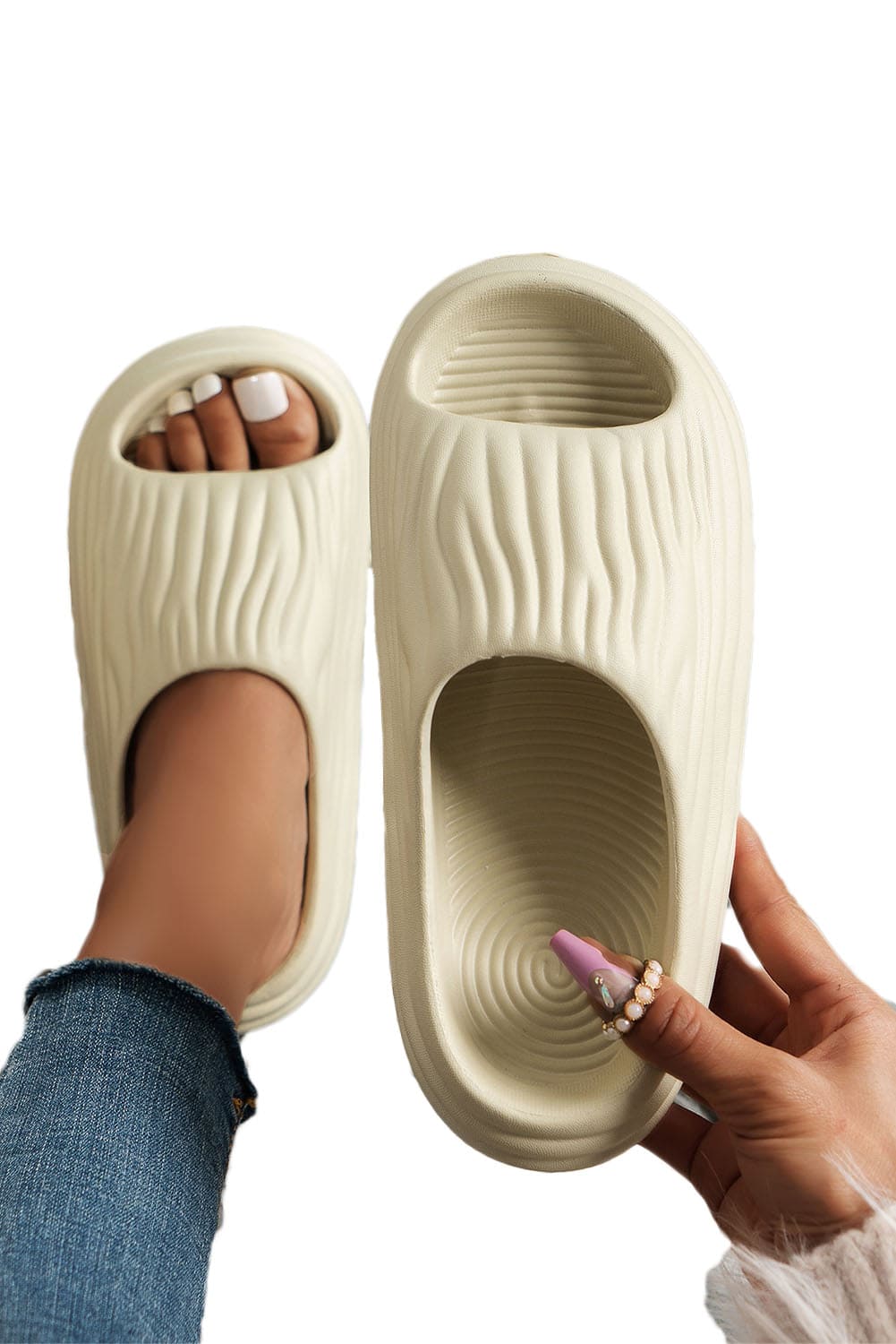 Beige Pleated Thick Soled Slippers Beige 100%Viscose Shoes & Bags by Fleurcouture | Fleurcouture