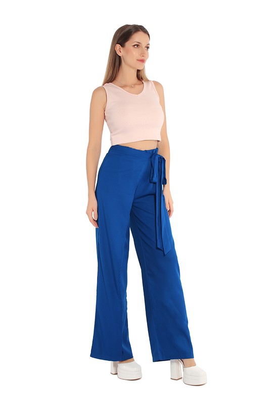 Belted Tie Wide Leg Pants Royal Blue XL by Rag Company | Fleurcouture