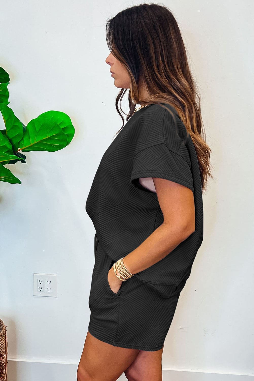 Black 2pcs Solid Textured Drawstring Shorts Set 95%Polyester+5%Elastane Loungewear by Fleurcouture | Fleurcouture