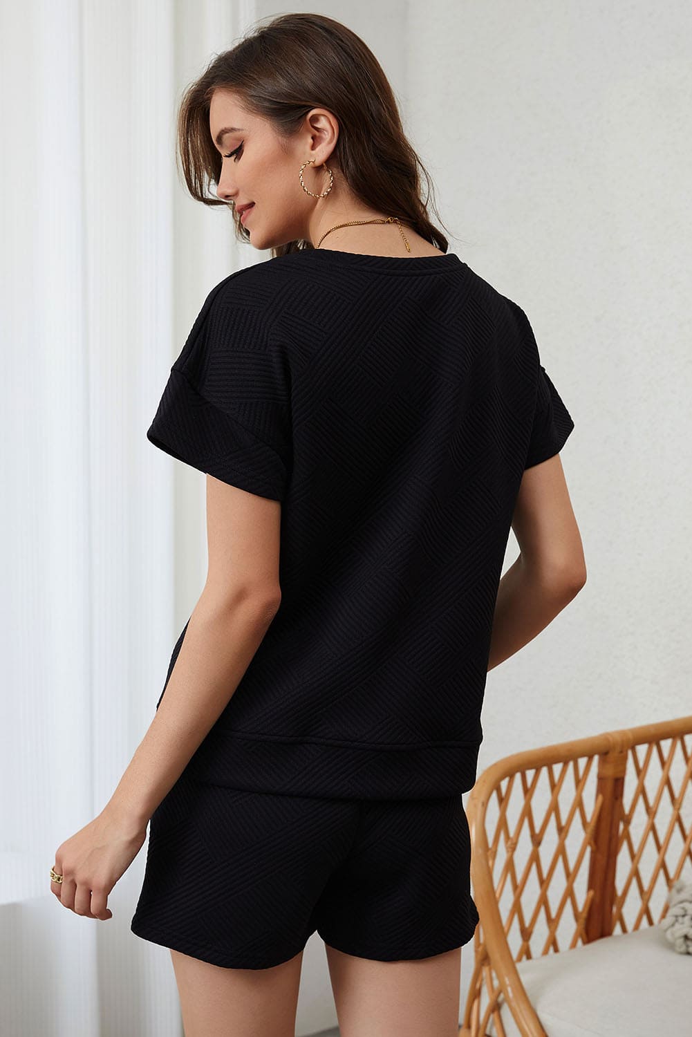 Black 2pcs Solid Textured Drawstring Shorts Set 95%Polyester+5%Elastane Loungewear by Fleurcouture | Fleurcouture