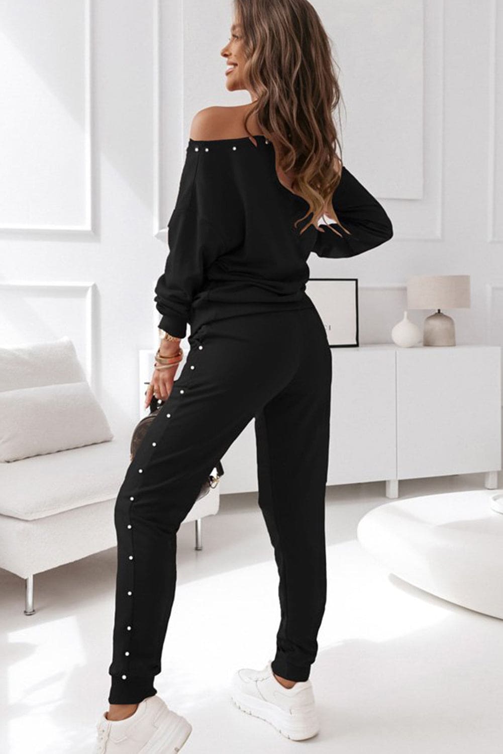Black Beaded Decor Pullover and Jogger Pants Set Black 59%Polyester+41%Cotton Two Piece Sets by Fleurcouture | Fleurcouture