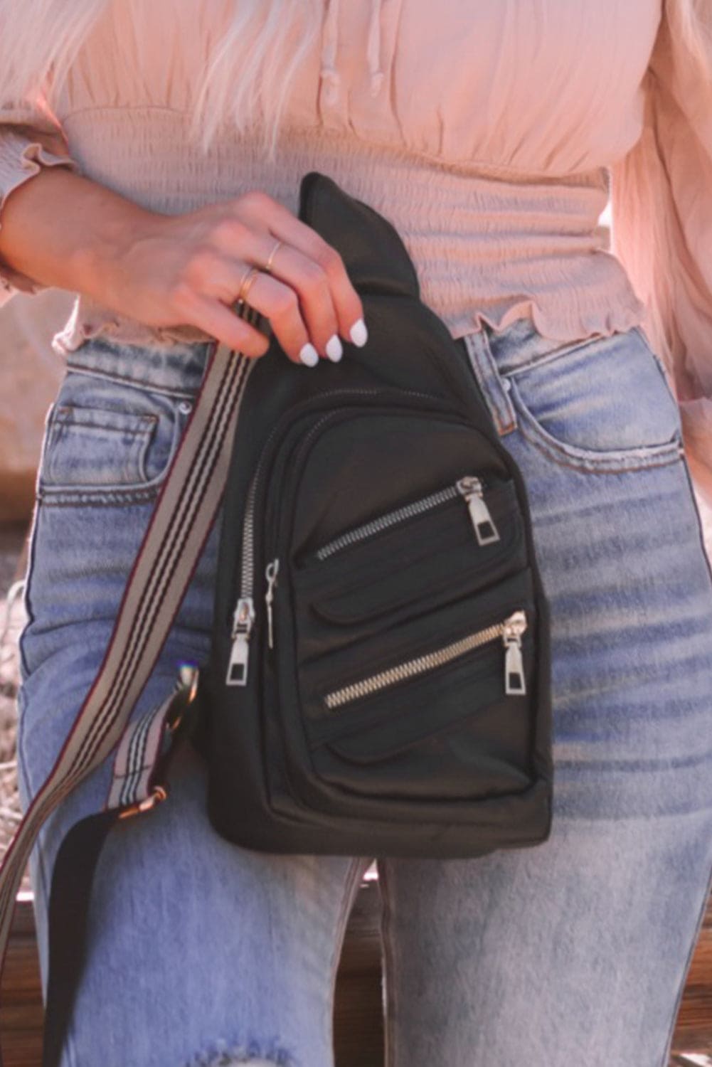 Black Faux Leather Multi-pockets Zipped Chest Bag Black ONE SIZE Pu Leather Shoes & Bags by Fleurcouture | Fleurcouture