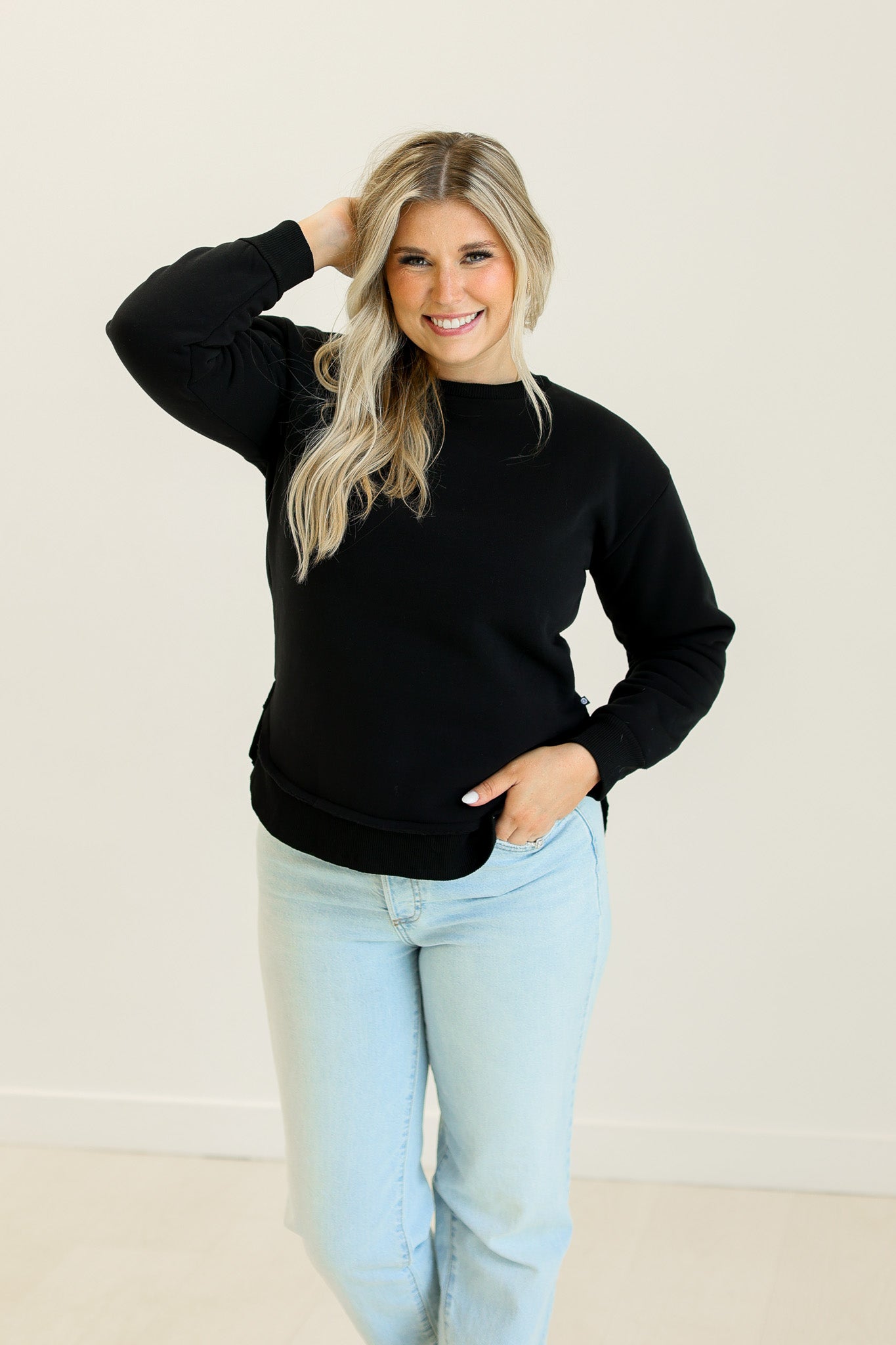 Black Fleece Sweatshirt Black Ladies Outerwear by Grace & Emma | Fleurcouture