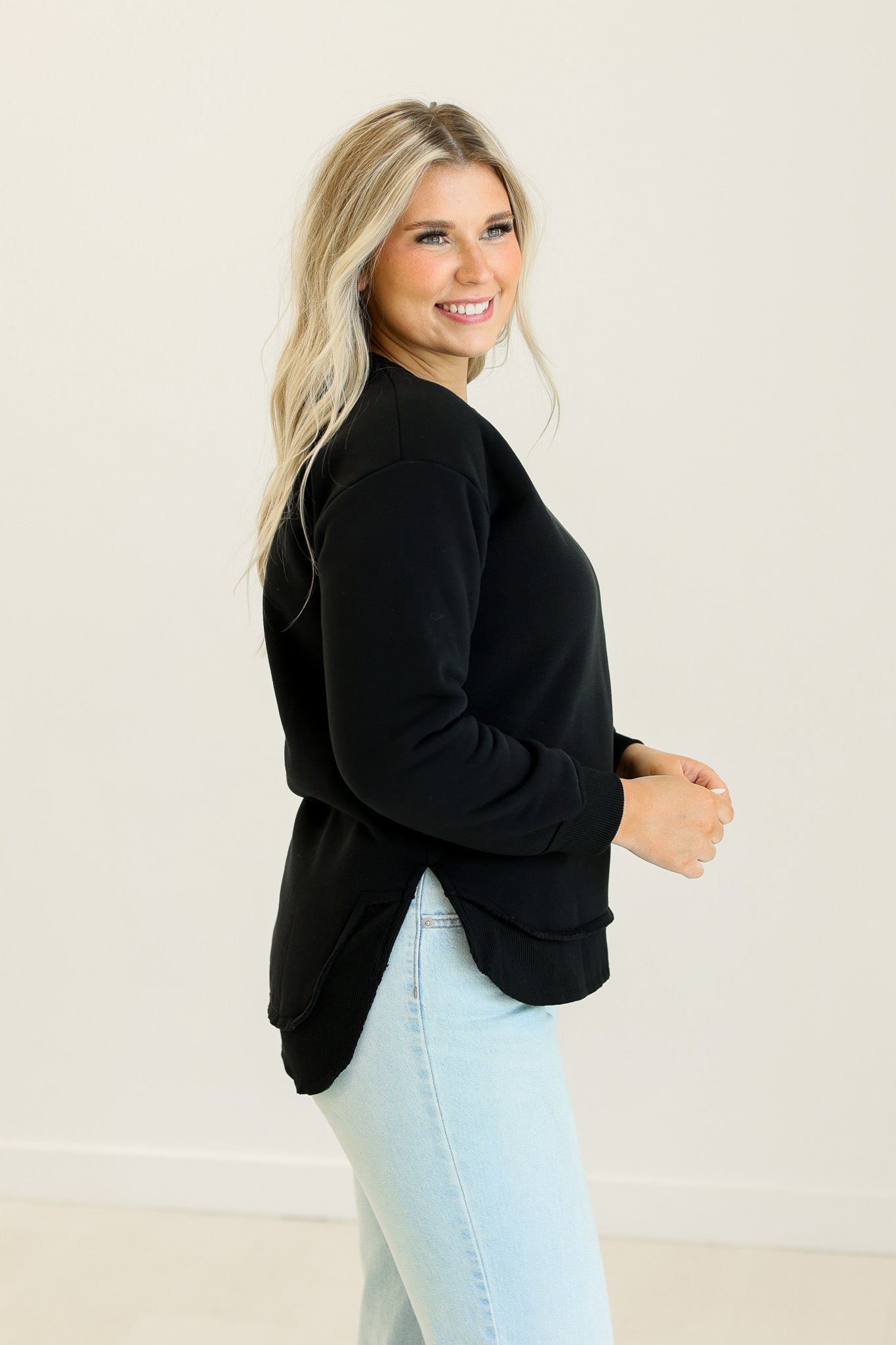 Black Fleece Sweatshirt Black Ladies Outerwear by Grace & Emma | Fleurcouture