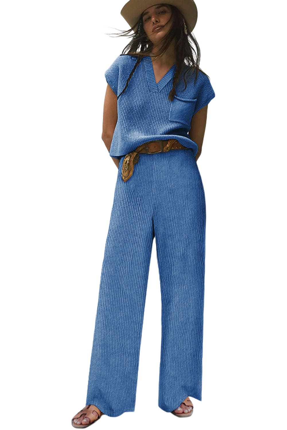 Black Knitted V Neck Sweater and Casual Pants Set 60%Cotton+40%Acrylic Two Piece Sets by Fleurcouture | Fleurcouture