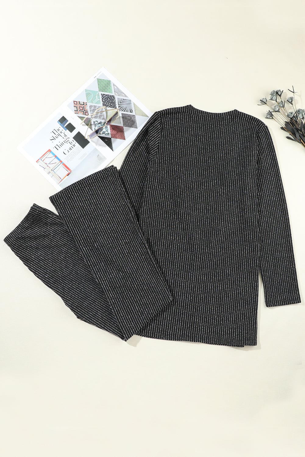 Black Metallic Ribbed Cardigan and Flare Pants Outfit Black 65%Polyamide+30%Metallized fibres+5%Elastane Two Piece Sets by Fleurcouture | Fleurcouture