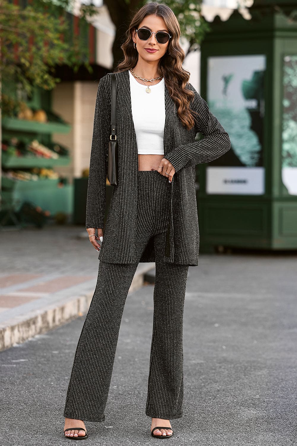 Black Metallic Ribbed Cardigan and Flare Pants Outfit Black 65%Polyamide+30%Metallized fibres+5%Elastane Two Piece Sets by Fleurcouture | Fleurcouture