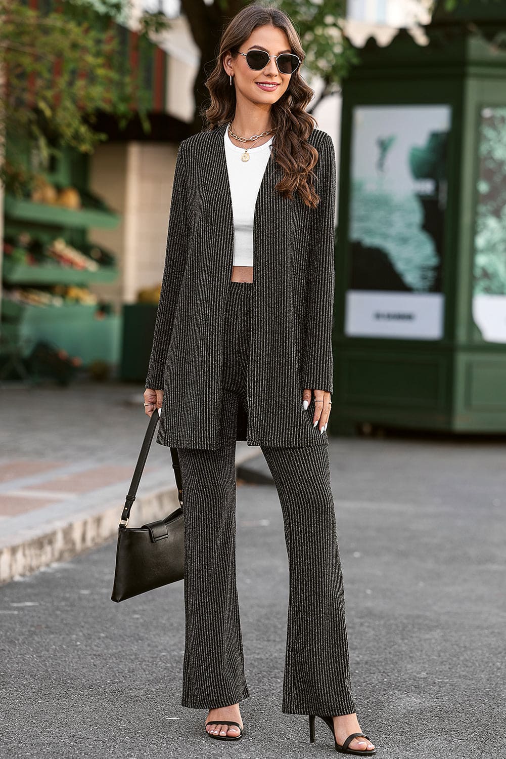 Black Metallic Ribbed Cardigan and Flare Pants Outfit Black 65%Polyamide+30%Metallized fibres+5%Elastane Two Piece Sets by Fleurcouture | Fleurcouture