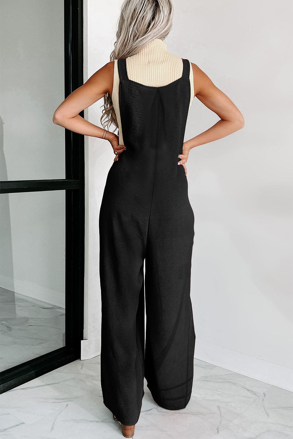 Black Textured Buttoned Straps Ruched Wide Leg Jumpsuit 65%Cotton+33%Polyester+2%Elastane Bottoms by Fleurcouture | Fleurcouture