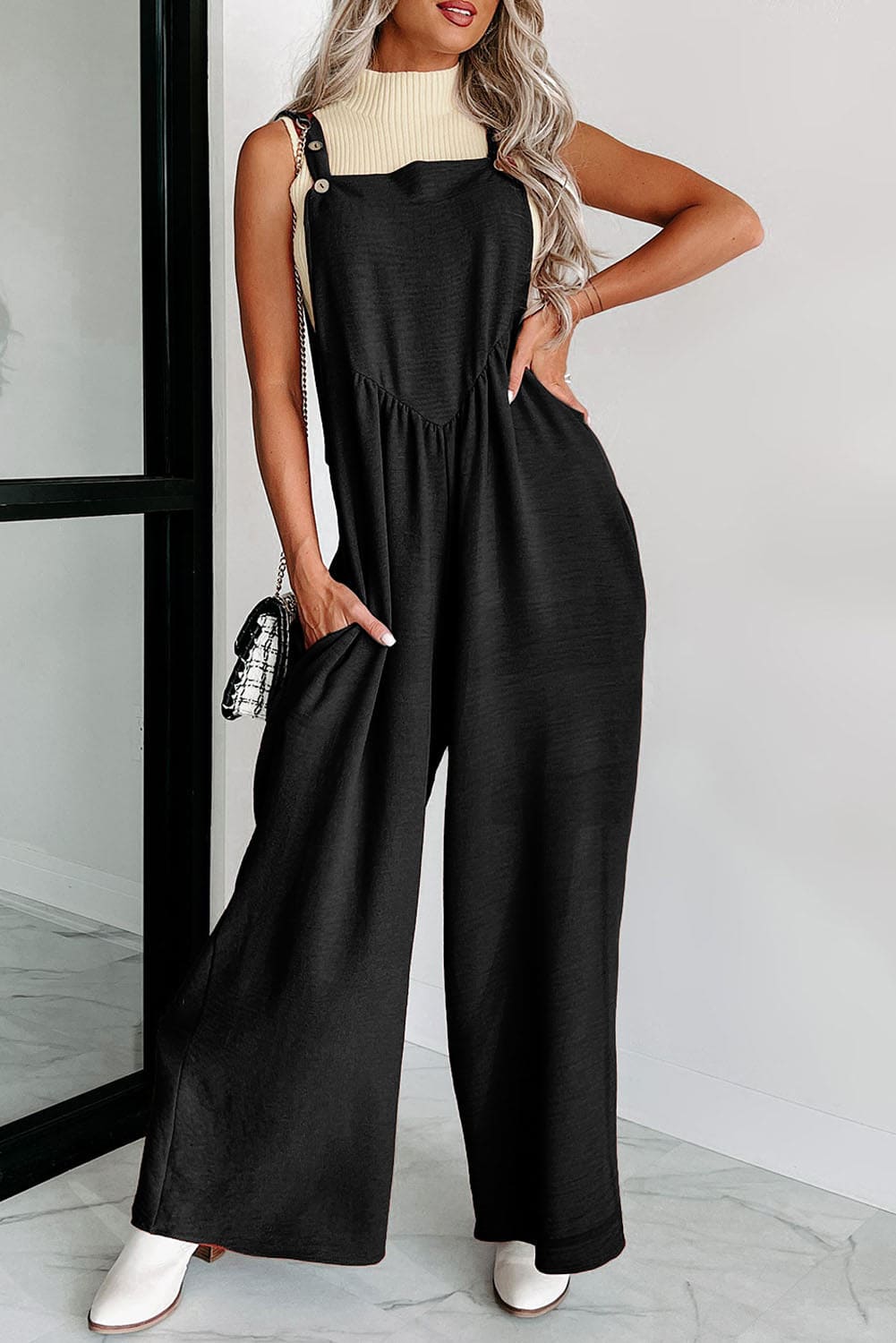 Black Textured Buttoned Straps Ruched Wide Leg Jumpsuit Black L 65%Cotton+33%Polyester+2%Elastane Bottoms by Fleurcouture | Fleurcouture