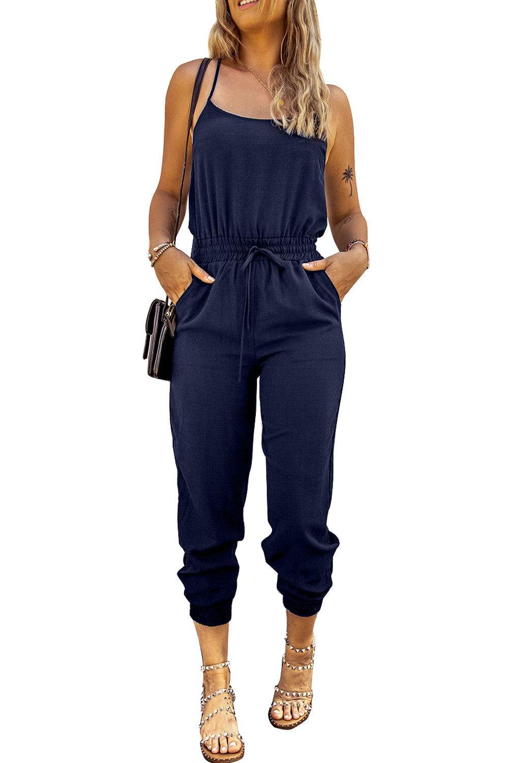 Blue Drawstring Waist Spaghetti Straps Jumpsuit 95%Polyester+5%Elastane Bottoms/Jumpsuits & Rompers by Fleurcouture | Fleurcouture