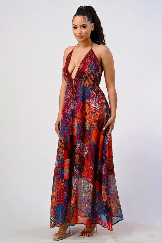 Bohemian print sequin lace trim maxi dress multi by Athina | Fleurcouture