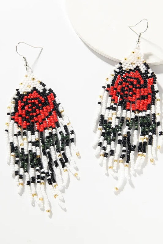Boho long Handwoven seed bead flower earrings Red one size by LA3accessories | Fleurcouture