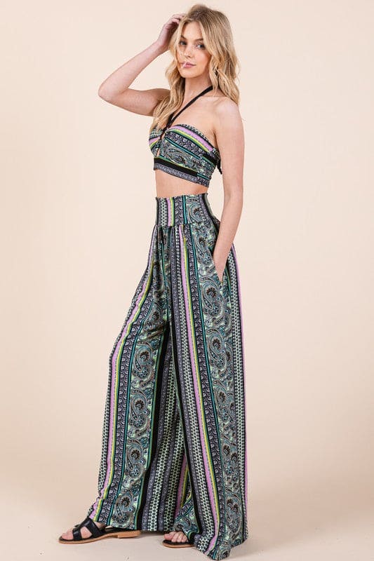Boho. Print Wide Leg Pants with Pockets Boho Print Bottoms by Orange Farm Clothing | Fleurcouture