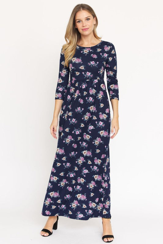 Bouquet Floral Quarter Sleeve Maxi Dress Navy Purple S by EG fashion | Fleurcouture