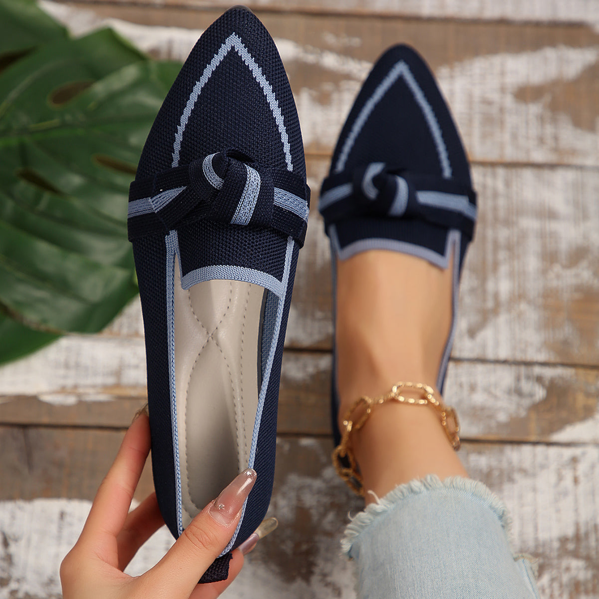 Bow Contrast Trim Point Toe Loafers Dark Blue 36(US5) Shoes & Bags by Trendsi | Fleurcouture