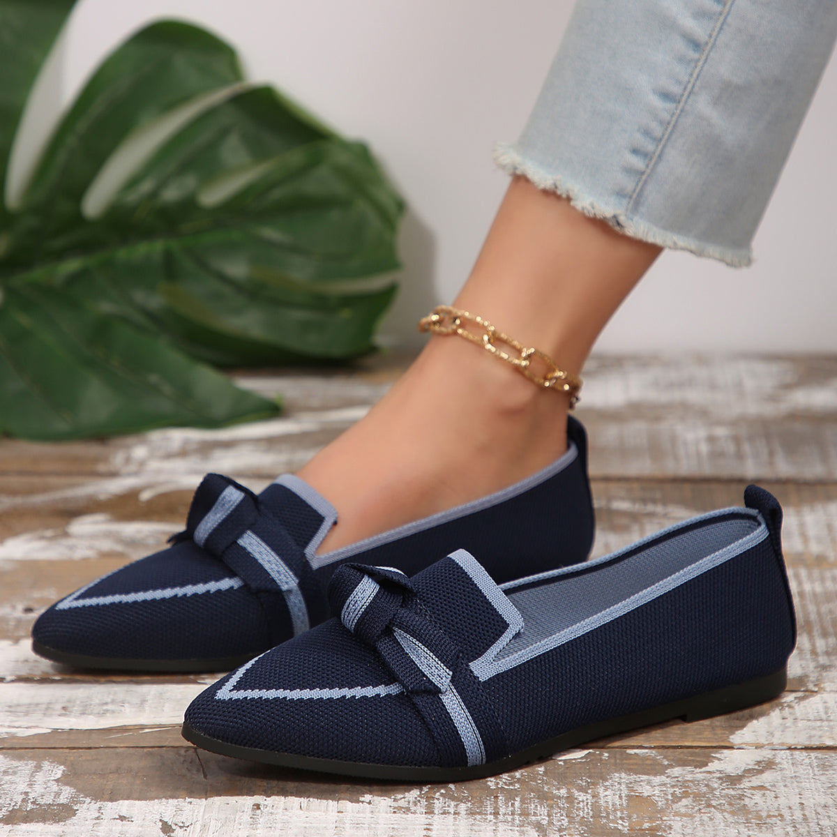 Bow Contrast Trim Point Toe Loafers Shoes & Bags by Trendsi | Fleurcouture