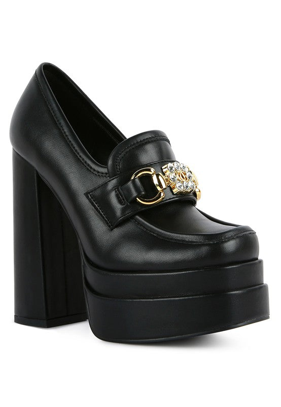 BRATZ High Block Heeled Jewel Loafers Black 6 by Rag Company | Fleurcouture