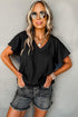 Bright Pink Crinkled V Neck Wide Sleeve T-shirt Black S by YNIQUE | Fleurcouture