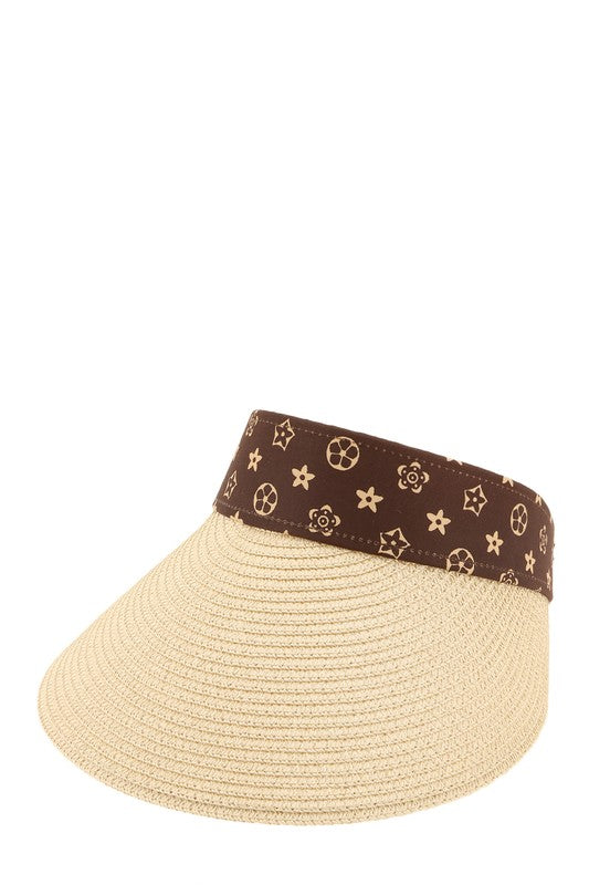 Brown Geometric Pattern Decorated Straw Visor BEIGE OS by ICCO ACCESSORIES | Fleurcouture
