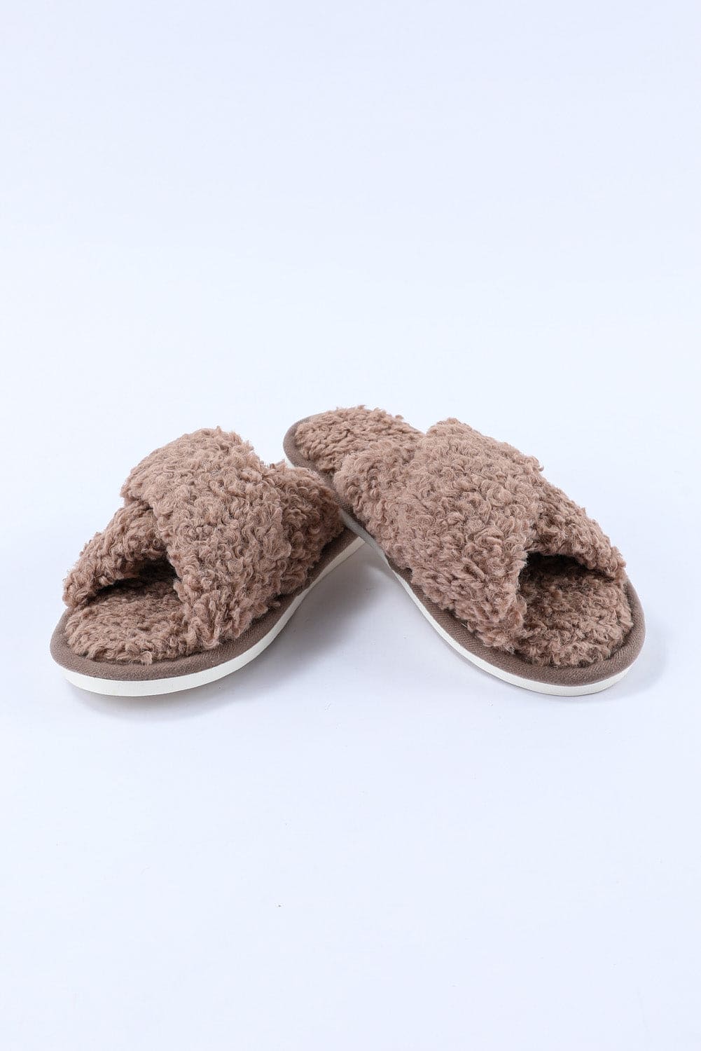 Brown Teddy Fur Cross Straps Home Slippers Brown 68.2%Cotton+27.8%Polyester+4%Spandex Shoes & Bags by Fleurcouture | Fleurcouture