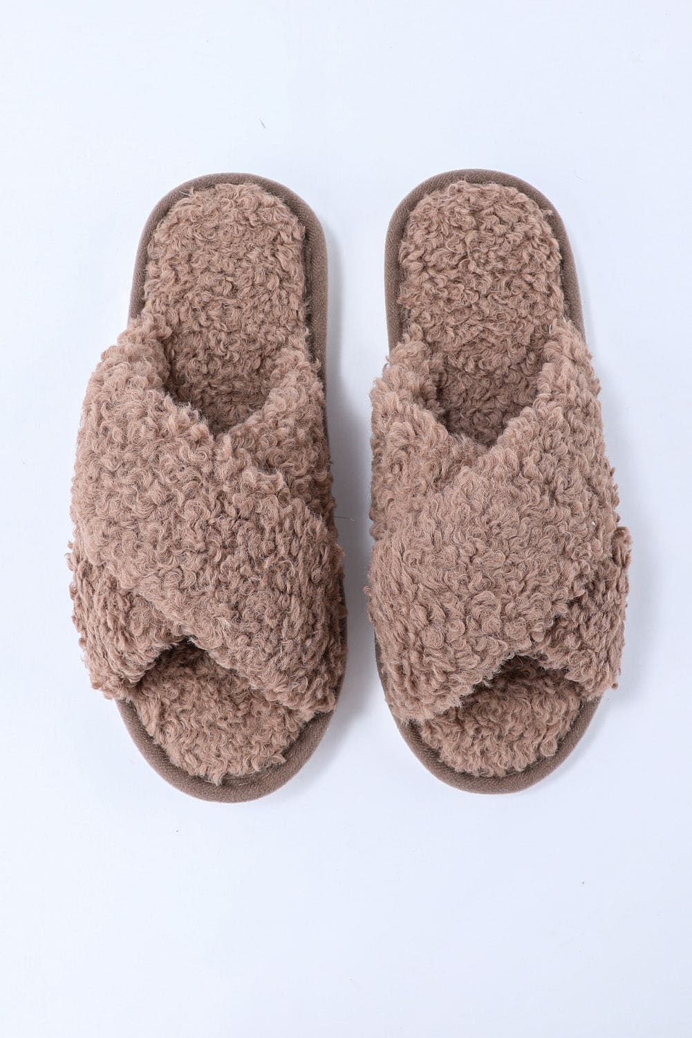Brown Teddy Fur Cross Straps Home Slippers Brown 68.2%Cotton+27.8%Polyester+4%Spandex Shoes & Bags by Fleurcouture | Fleurcouture