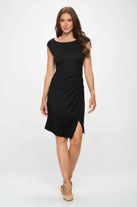 Brushed Knit Short Sleeve Bodycon Dress with Slit BK by Renee C. | Fleurcouture