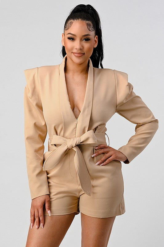 Business casual blazer romper with belt KHAKI by Athina | Fleurcouture